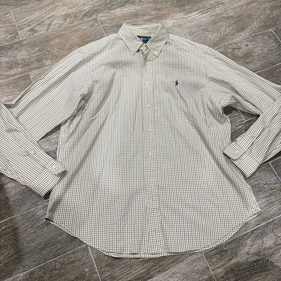 Ralph Lauren Classic Fit Long Sleeve Button Shirt Beige Navy Check Sz L 16.5 - Picture 2 of 9